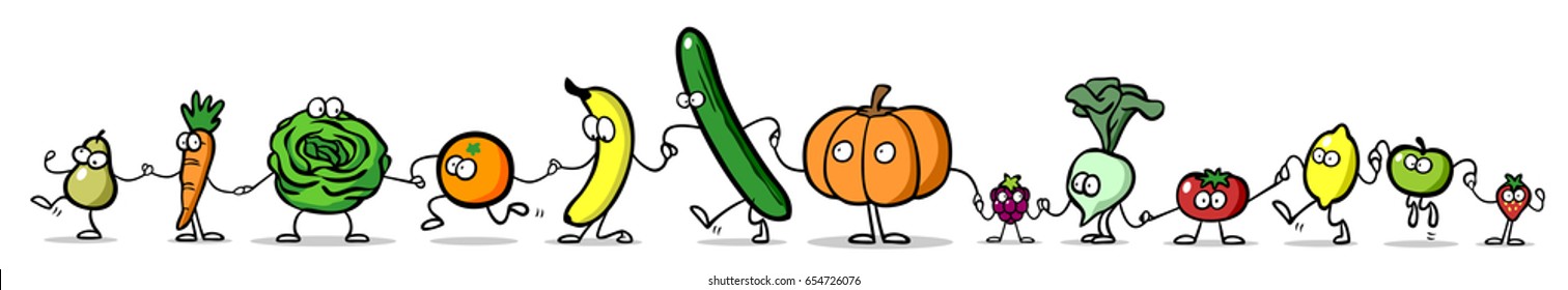 Panorama of cartoon fruits and vegetables holding hands