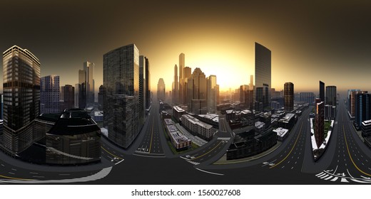 Panorama Of The City. Environment Map. HDRI Map. Equidistant Projection. Spherical Panorama.
3D Rendering