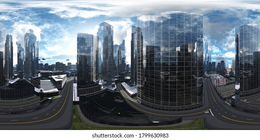 Panorama Of The City. Environment Map. HDRI Map. Equidistant Projection. Spherical Panorama.
3D Rendering