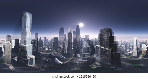 Panorama Of The City. Environment Map. HDRI Map. Equidistant Projection. Spherical Panorama.
3D Rendering