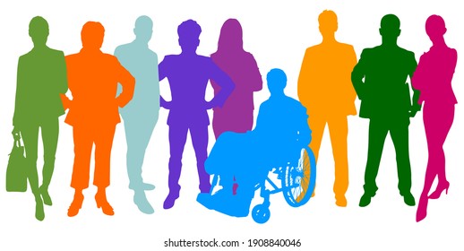 Panorama of colorful silhouettes of many different people as a business teamwork and population concept