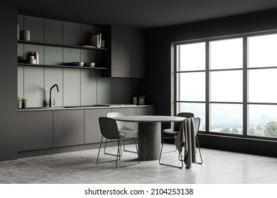 Panorama corner view of simplified kitchenroom with round dining table and concrete floor. Grey and green interior design, using modern minimalist concept. 3d rendering