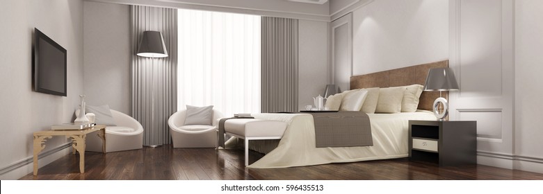 Panorama of elegant hotel room with flat TV screen on wall (3D Rendering)