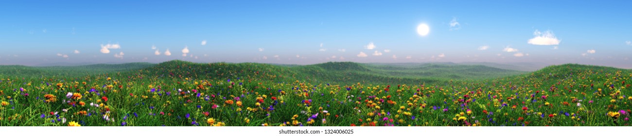 Panorama of a flower meadow, flower hills view, grass and flowers under a blue sky, flowering slope under the sun, hills in flowers, green hills with flowers, 3d rendering
