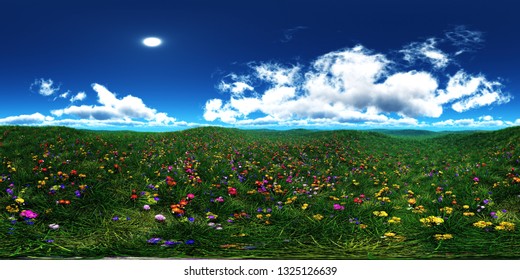 Panorama of a flower meadow, flower hills view, HDRI, environment map , Round panorama, spherical panorama, equidistant projection, panorama 360, 3d rendering
