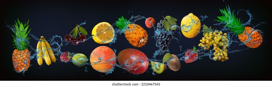 Panorama With Fresh Fruits In The Water - Cherry, Kiwi, Strawberry, Lime, Pineapple, Banana, Grapefruit, Mango, Lychee, A Very Tasty Dessert For The New Year, Christmas And Halloween