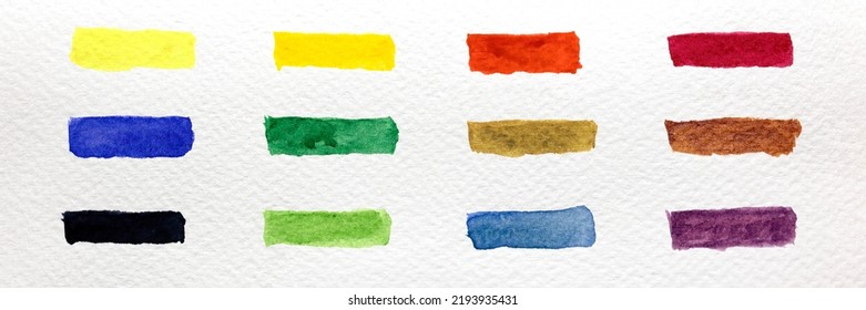 Panorama Of Hand Painted Water Colour Swatches On Textured Watercolour Paper