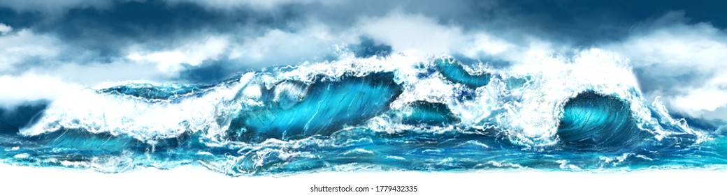 Panorama Illustration Of A Sea Storm. Wind, Clouds, Waves, Foam ... The Sea Drawn In Deep Blue And Turquoise Colors.