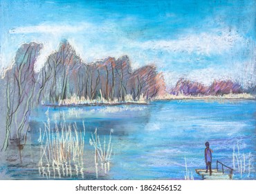 Panorama of large lake in spring, oil pastel painting