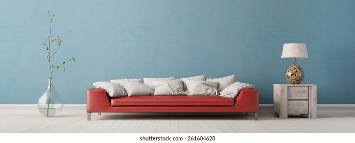 Panorama of living room with sofa in front of a blue wall (3D Interior)