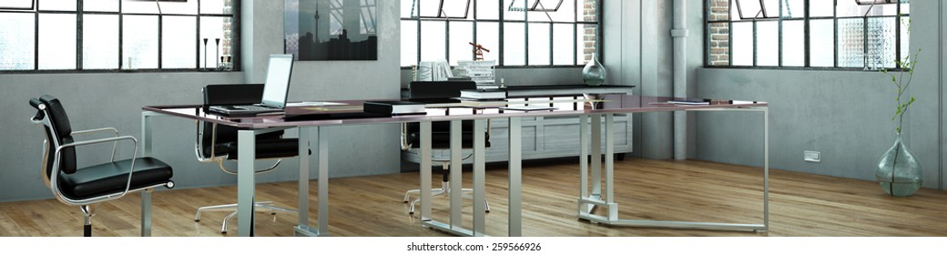 Panorama Of Loft Office With Table And Laptop Computer (3D Rendering)