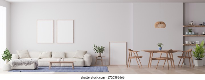 Panorama of modern living room with white furniture and dining area with wooden table and chairs on white background and lots of green plants, 3D render, 3D illustration