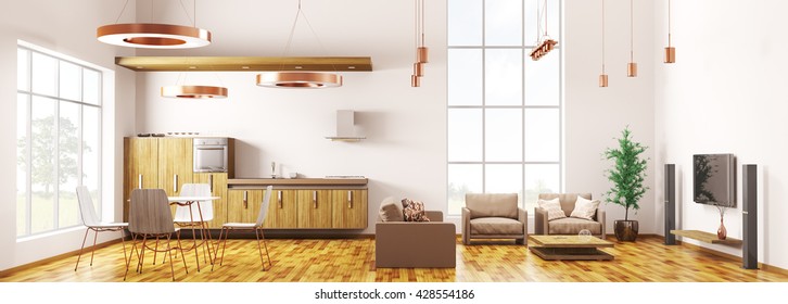 Panorama of modern loft apartment interior, living room, kitchen, dining room 3d rendering