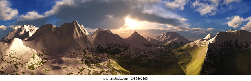 Panorama of the mountain landscape, snow-capped peaks under a blue sky with clouds, 3d rendering - Shutterstock ID 1395461168
