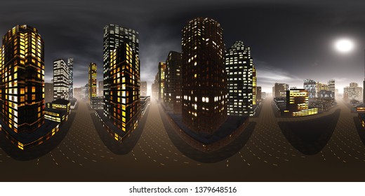 Panorama Of The Night City, Environment Map. HDRI Map. Equidistant Projection. Spherical Panorama , 3D Rendering