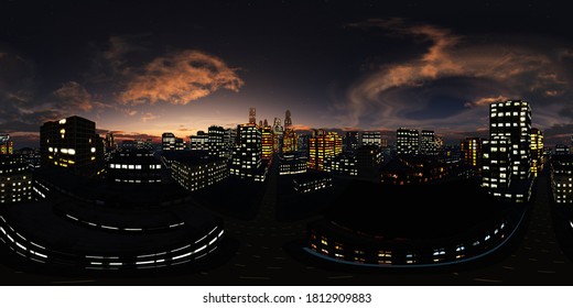 panorama of the night city, HDRI, environment map, Round panorama, spherical panorama, equidistant projection, 360 high resolution panorama 