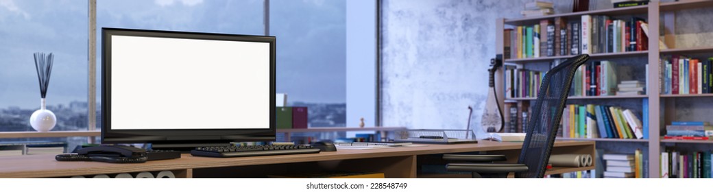 Panorama Of Office With Empty White Monitor On A Desk (3D Rendering)