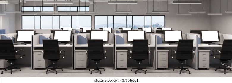 Panorama Of Office With Many Computer Monitors On Desks (3D Rendering)