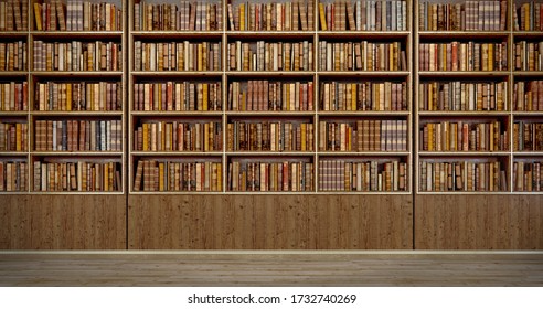 Panorama Old Books On Wooden Shelf In Book Shop Or Library.3d Rendering