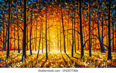 Panorama Orange Autumn Sunny Warm Park Alley Forest Original Oil Painting Landscape Tree Forest Modern Fine Art