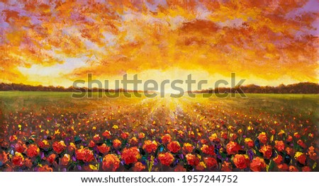 Panorama painting of rural landscape. Sunset dawn of sun over flower field oil painting with acrylic.