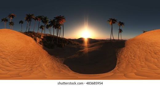 panorama of palms in desert at sunset. made with the one 360 degree lense camera without any seams. ready for virtual reality. 3D illustration