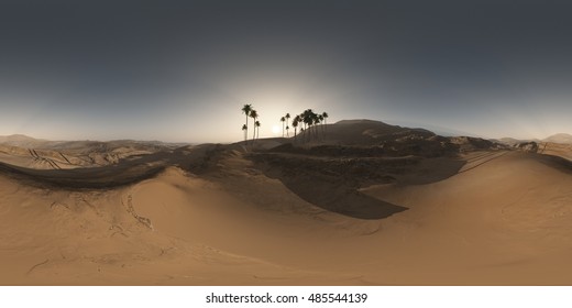panorama of palms in desert at sunset. made with the one 360 degree lense camera without any seams. ready for virtual reality. 3D illustration