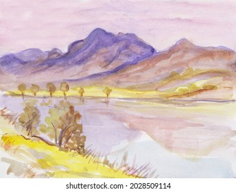 Panorama of range mountains beyond the lake, sumi-e