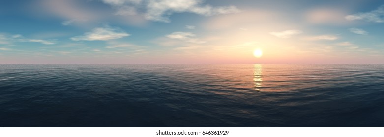 Panorama Of Sea Sunset, Ocean Sunrise, Seascape, 3d Rendering
