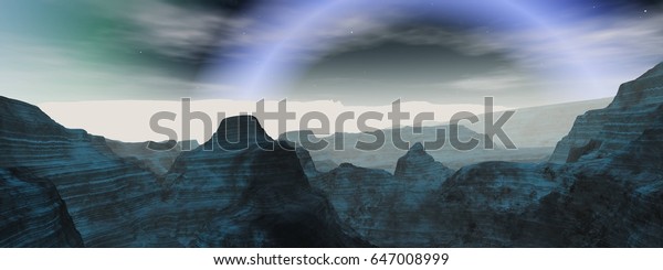 Panorama of space landscape, alien landscape,\
3D rendering\
