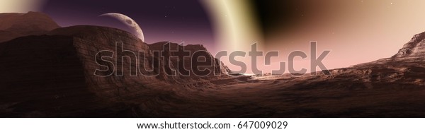 Panorama of space landscape, alien landscape,\
3D rendering\
