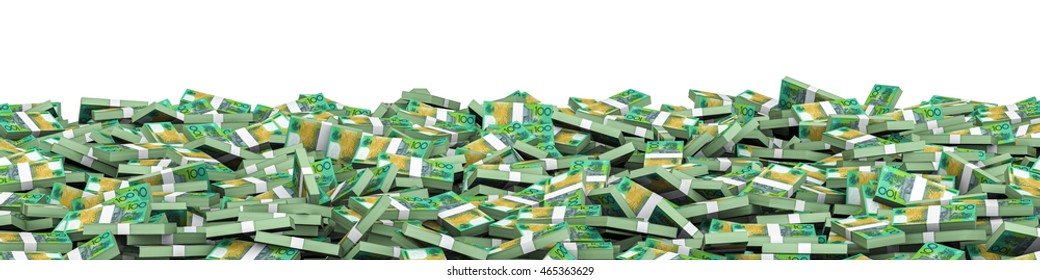 Panorama stacks Australian dollars / 3D illustration of panoramic stacks of Australian hundred dollar bills