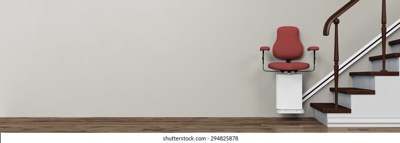 Panorama Of Stairlift On Stairs In A Home For Elderly People (3D Rendering)