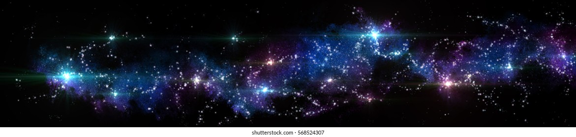 Panorama of star clusters. planet against the background galaxies, 3d rendering