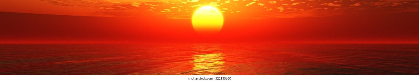 Panorama sunset at sea. Sunrise in the ocean. 3d rendering.