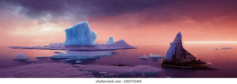 Panorama View Of The Arctic Sea, Where Icebergs Are Floating, At Sunset, When Ice Melts Because Of Climate Change And Melting Glaciers. 3D Illustration And Digital Painting.