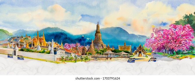 Panorama view famous landmarks in Thailand. Watercolor painting landscape of tourism location beautiful. Painted illustration landmark of Asia. Popular tourist attraction with advertising, postcard.