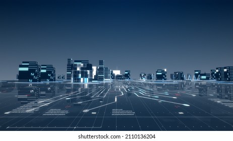 Panorama View Of Metaverse, Futuristic City Neon Light With Power Energy Tron Light Background. Digital Technology Concept Background.  Cityscape Futuristic 3D Render.