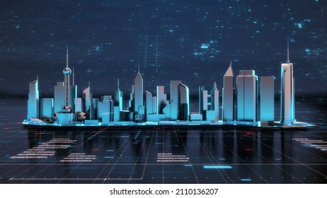 Panorama View Of Metaverse, Futuristic City Neon Light With Power Energy Tron Light Background. Digital Technology Concept Background.  Cityscape Futuristic 3D Render.