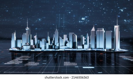 Panorama View Of Metaverse, Futuristic City Neon Light With Power Energy Tron Light Background. Digital Technology Concept Background. Cityscape Futuristic 3D Render.