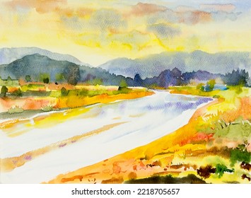 Panorama watercolor landscape paintings colorful river  mountain tree  meadow and reflection water  sky cloud background  Painting art summer and seasonal hand painted semi abstract illustration 