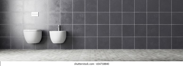 Panorama of WC and bidet on tiled wall in a bathroom (3D Rendering)