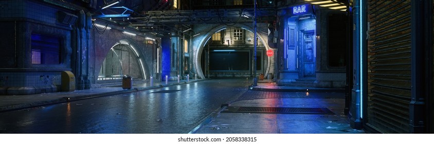 Panoramic 3D illustration of a dark moody downtown cyberpunk city street.