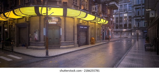 Panoramic 3D rendering of dark moody downtown city street with yellow neon lights.