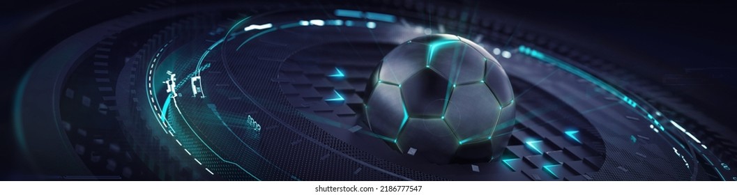 Panoramic 3D Rendering of Futuristic Neon Style Soccer Ball - Powered by Shutterstock