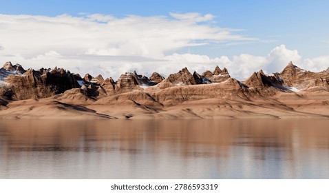 Panoramic 3d rendering of rugged desert mountains and snow-capped peaks reflected in a calm lake.