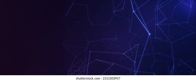 Panoramic Abstract Background Of Connecting Dots As Plexus In Blue And Purple, Concept For Tech And Bid Data.