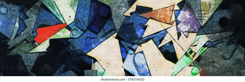 Panoramic abstract geometric painting in the style of Picasso. Oil on canvas with elements of pastel painting.