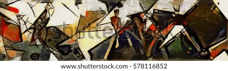 Panoramic abstract geometric painting in the style of Picasso. Oil on canvas with elements of pastel painting.