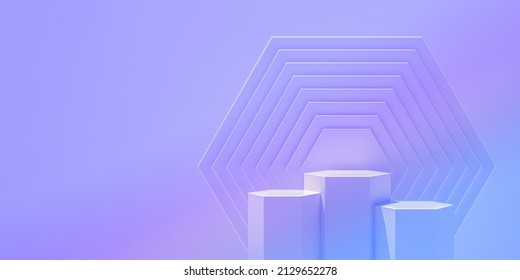 Panoramic Background. Hexagon Podium On Gradient Rainbow Wall For Product Display. Empty Podium Platform. 3D Rendering.